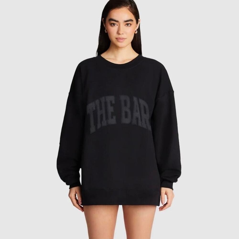 The Bar Varsity Sweatshirt Black Logo Oversized Boyfriend Crewneck Size L